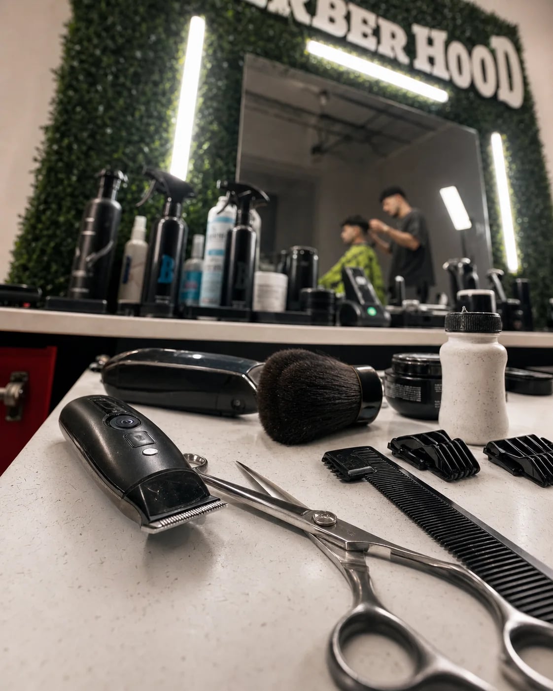 Herramientas de BarberHood preparadas sobre la mesa, con el espejo y la pared verde detrás